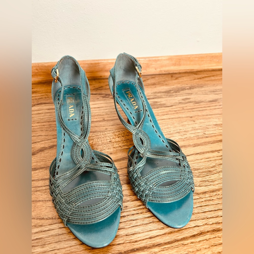 Prada Women's Teal Woven Heels
